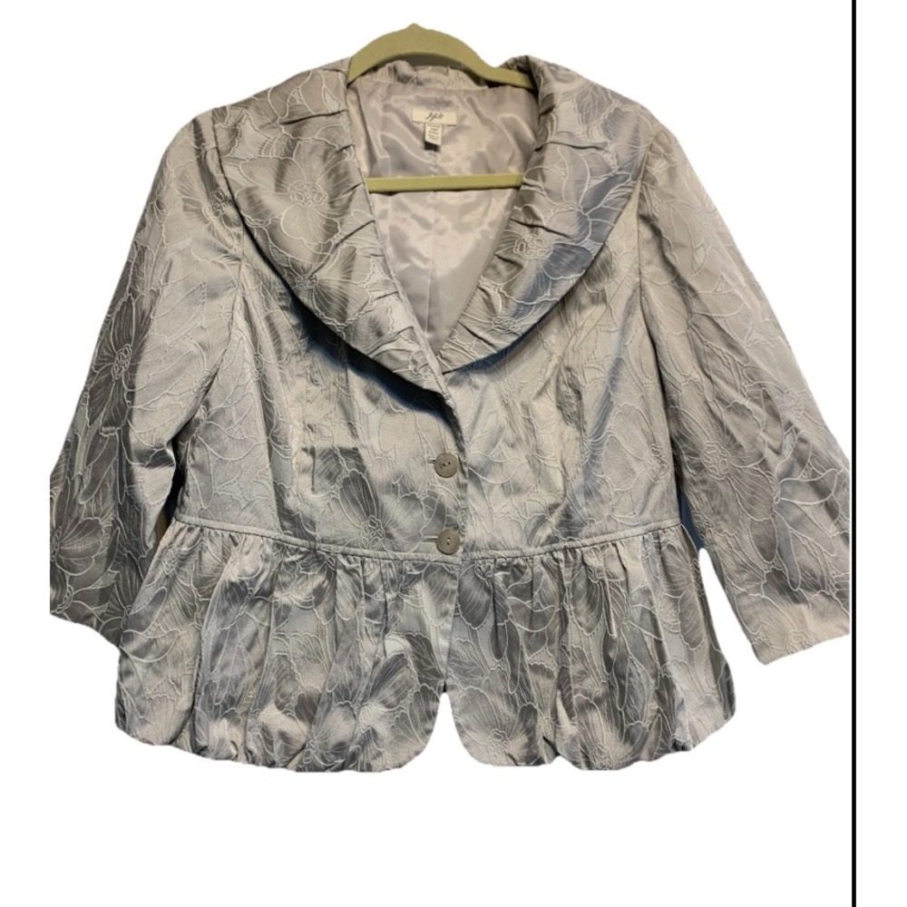 J Jill Womens Petite 14P Stretch Floral Jacquard Peplum Blazer Jacket Silver